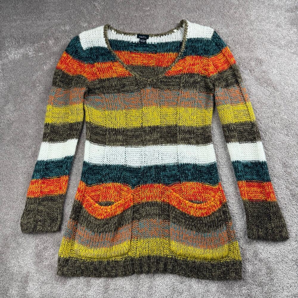Rue 21 Striped Knit Sweater Tunic Size S Colorful Boho Chevron V Neck Y2K
